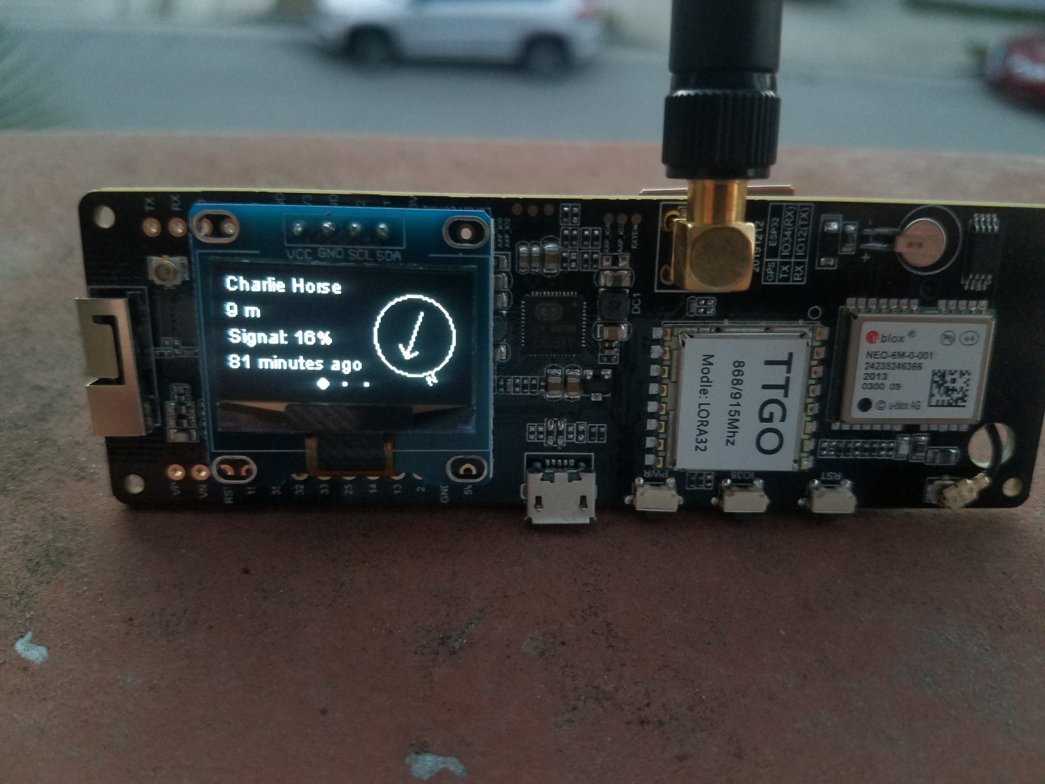 Photo of LoRa GPS board being tested before the flight